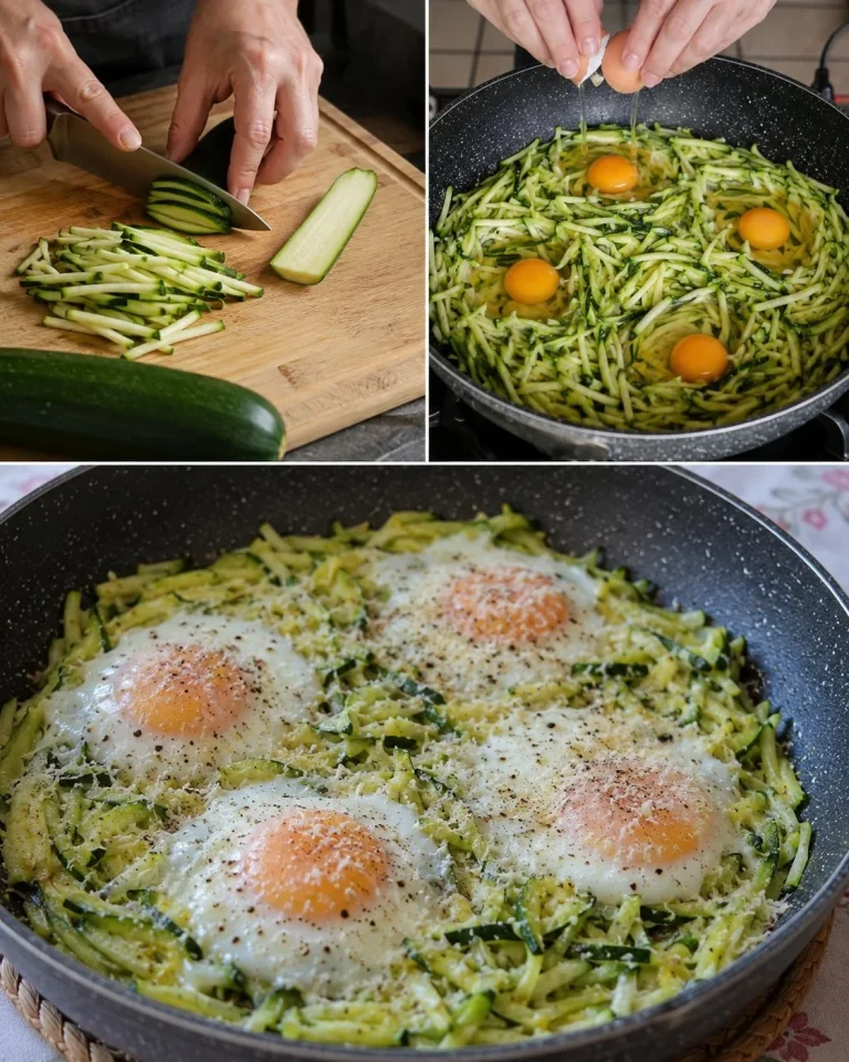 Overhead view of eggs served on a bed of sautéed zucchini.