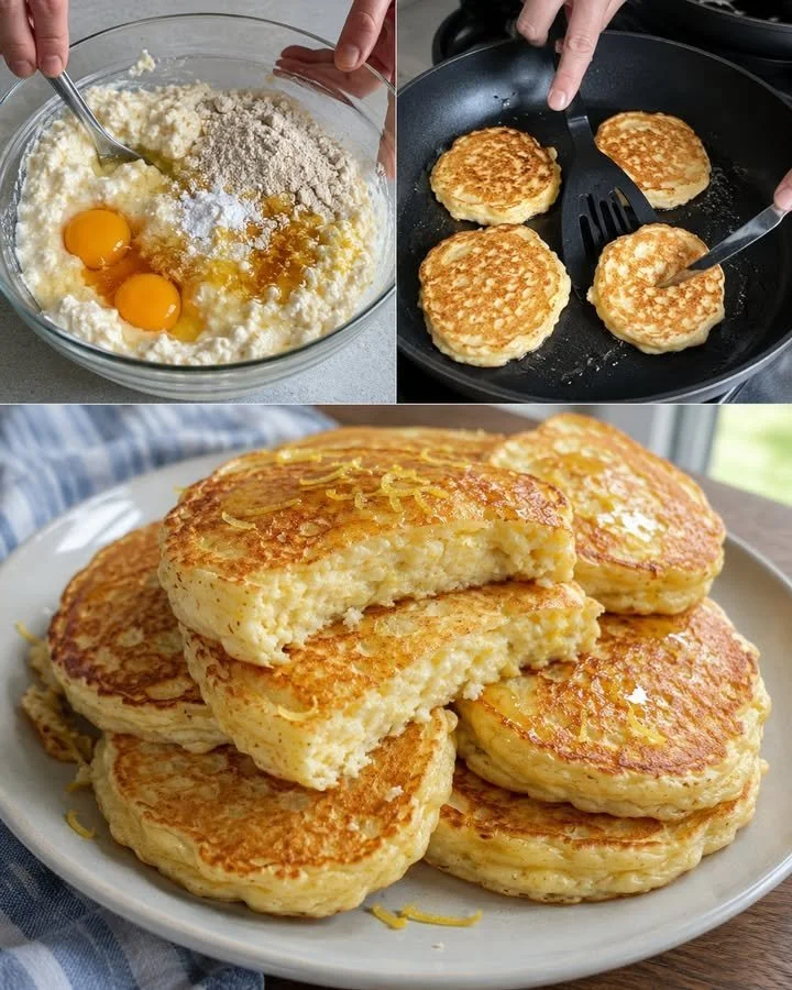 Fluffy lemon ricotta pancakes stacked on a plate with syrup and fresh fruit