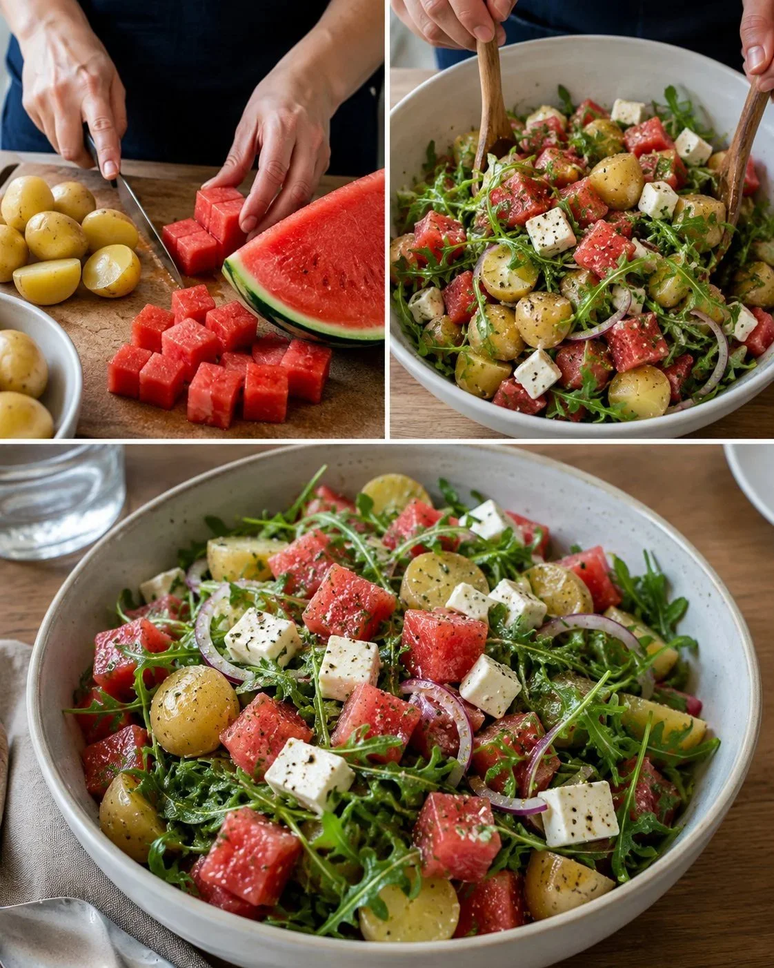 Fresh potato watermelon salad with arugula and goat cheese in a bowl.