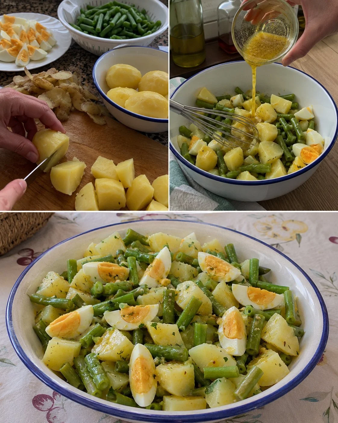 Fresh potato salad with green beans and eggs on a plate