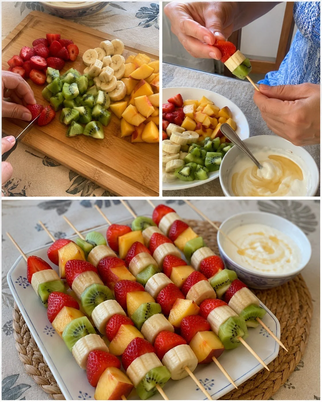 Colorful fruit skewers featuring kiwi and yogurt cream for a refreshing treat
