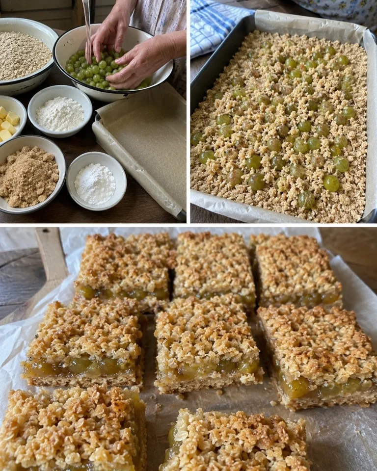 Delicious gooseberry streusel bars topped with oats, ready for serving.