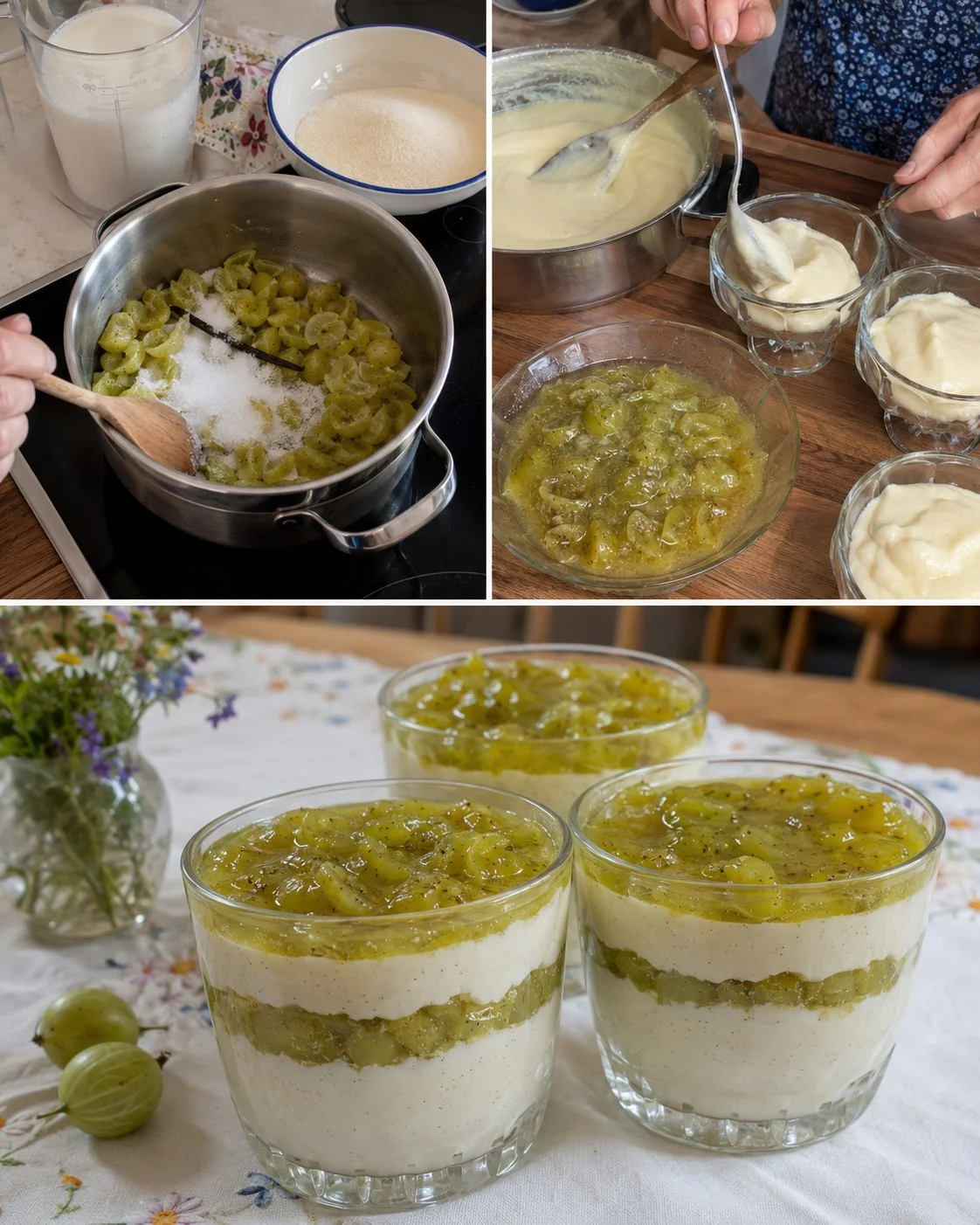 Delicious gooseberry compote with vanilla served with semolina cream