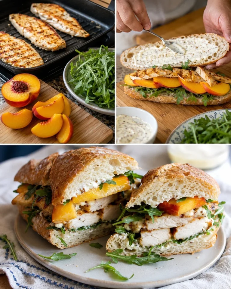 Gourmet chicken sandwich with peach slices and fresh arugula on a toasted bun