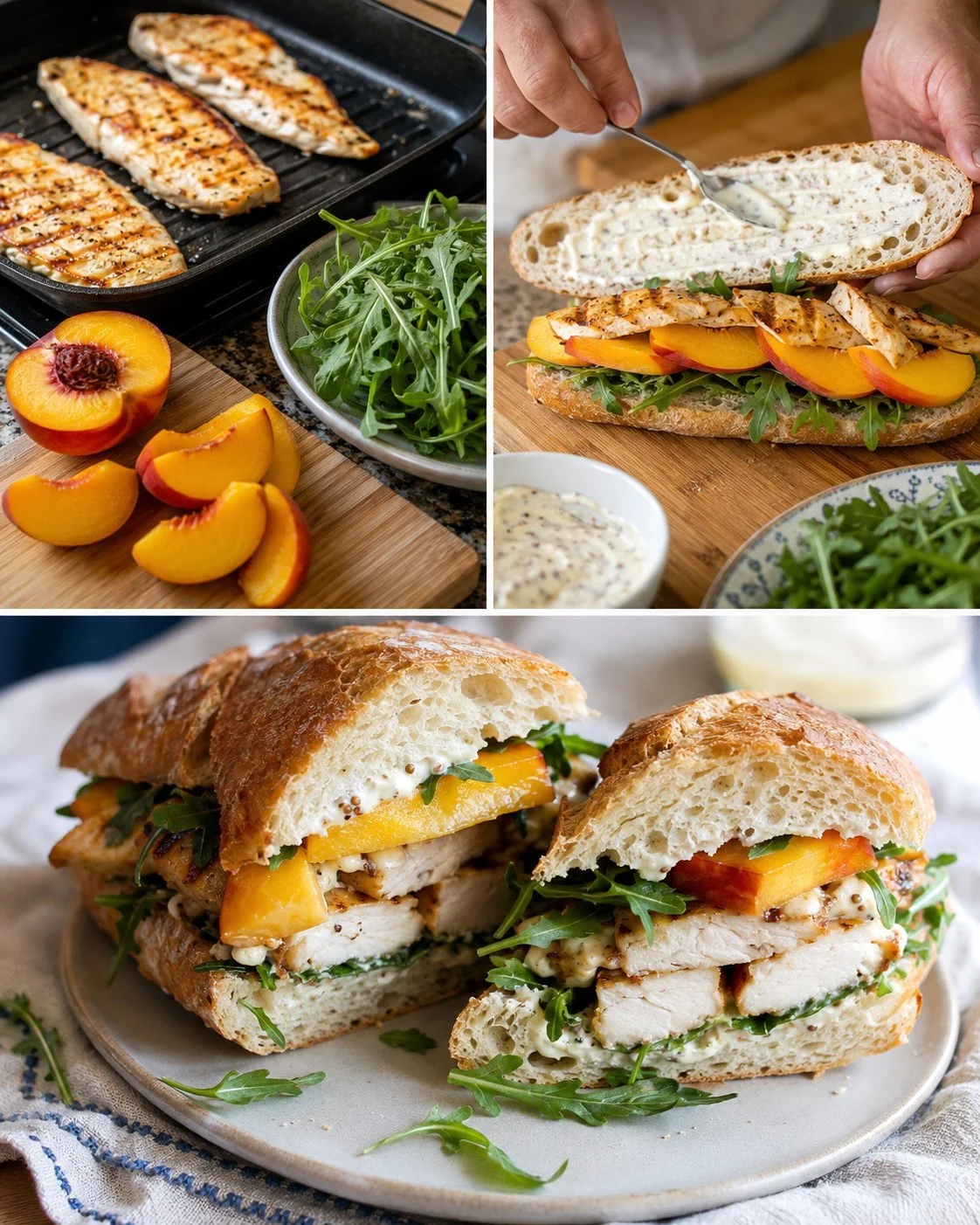 Gourmet chicken sandwich with peach slices and fresh arugula on a toasted bun