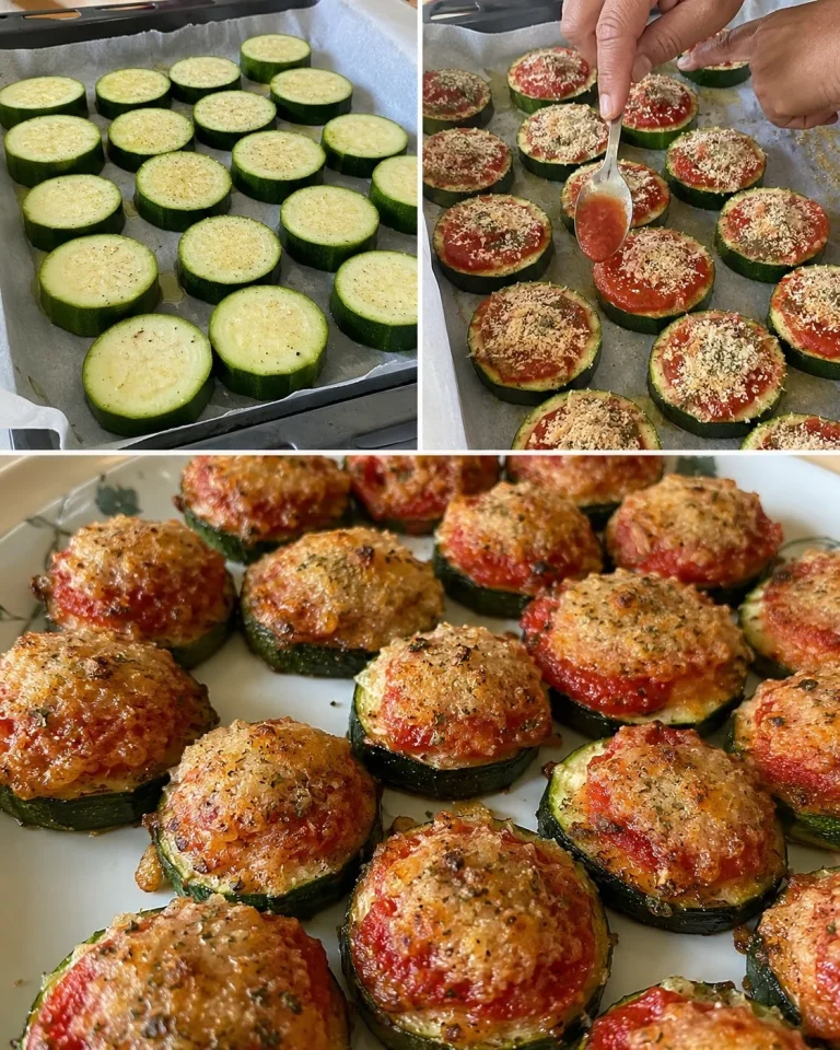 Gratinated zucchini with tomato cream sauce served in a baking dish.