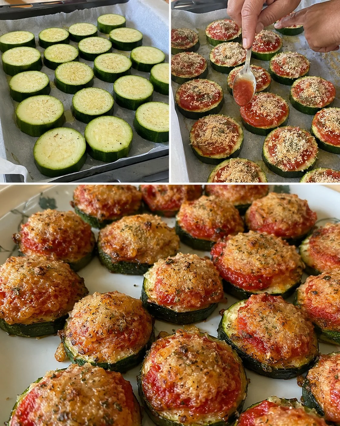 Gratinated zucchini with tomato cream sauce served in a baking dish.