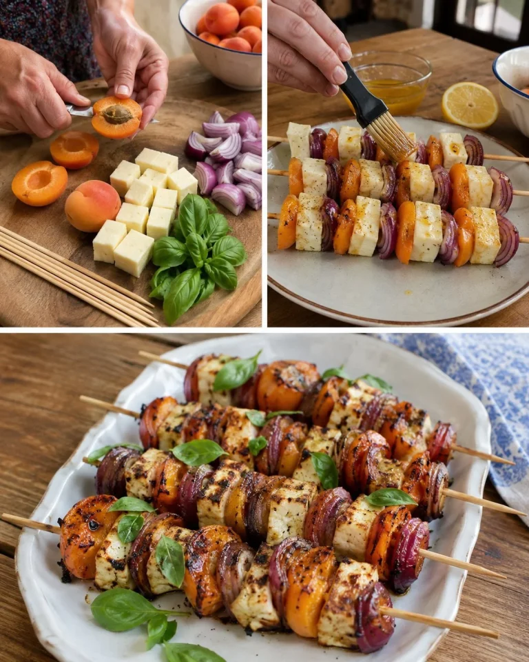 Delicious grilled apricot halloumi skewers ready to serve