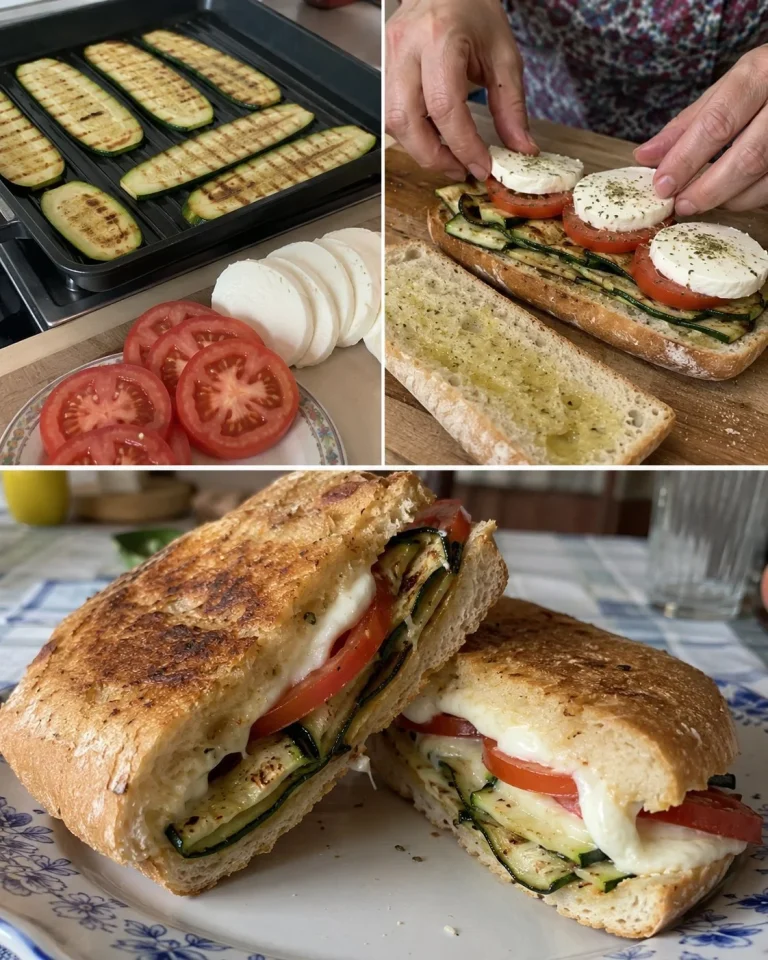 Grilled zucchini sandwich topped with mozzarella and tomato on a wooden board