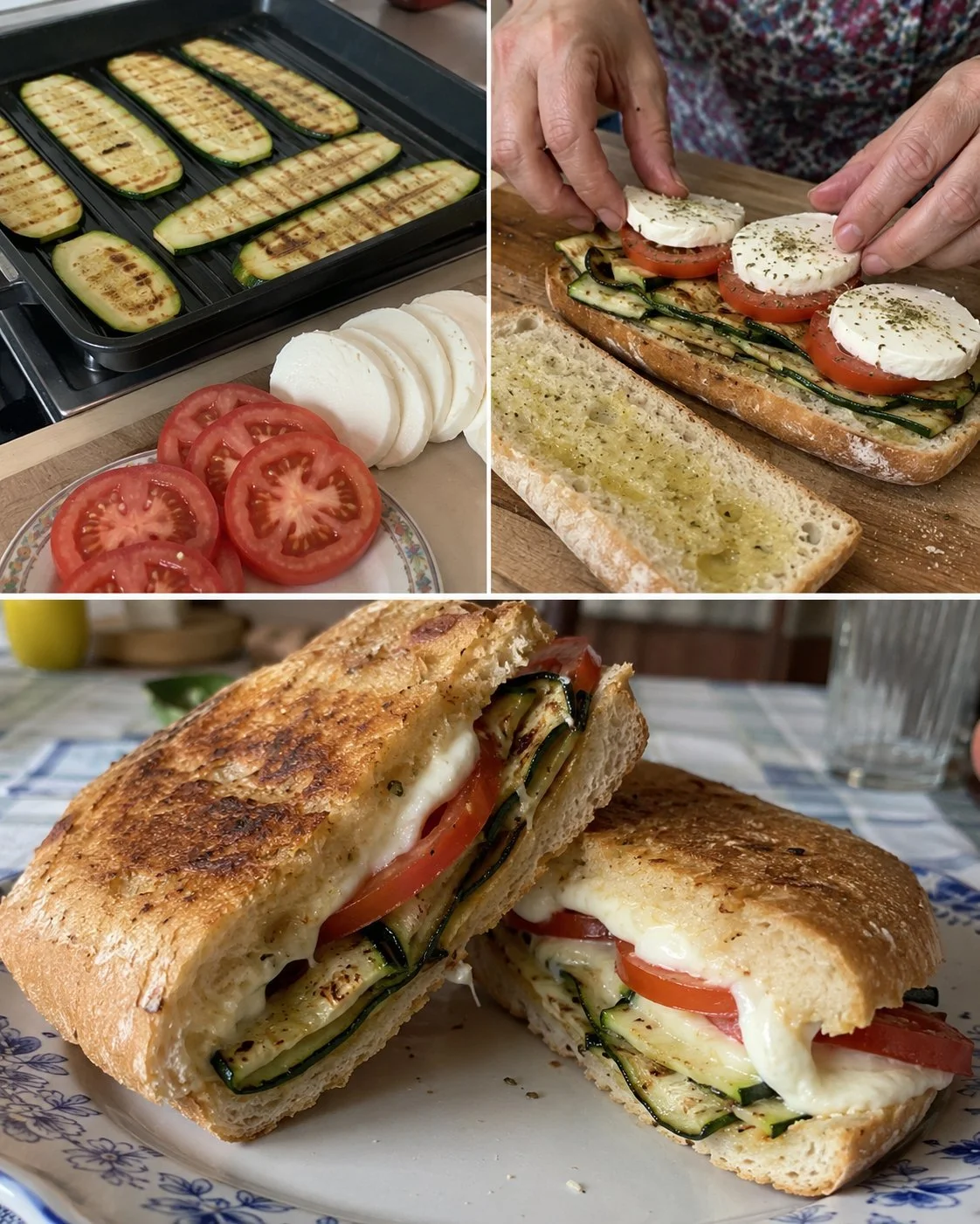 Grilled zucchini sandwich topped with mozzarella and tomato on a wooden board