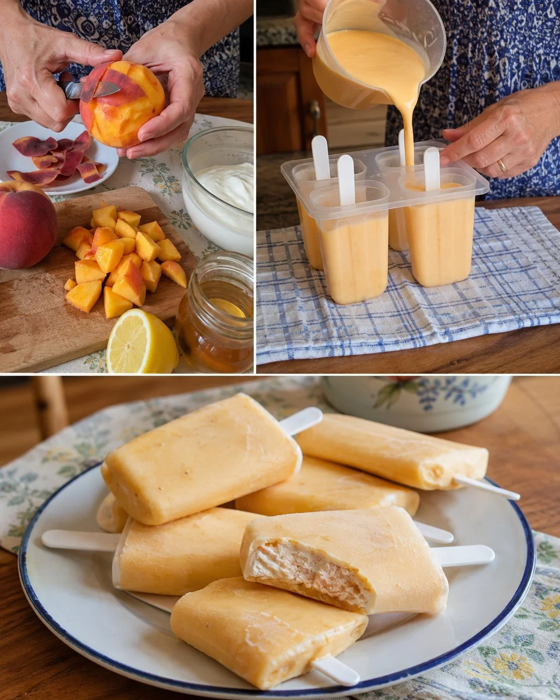 Homemade peach and yogurt popsicles on a wooden table with fresh peaches