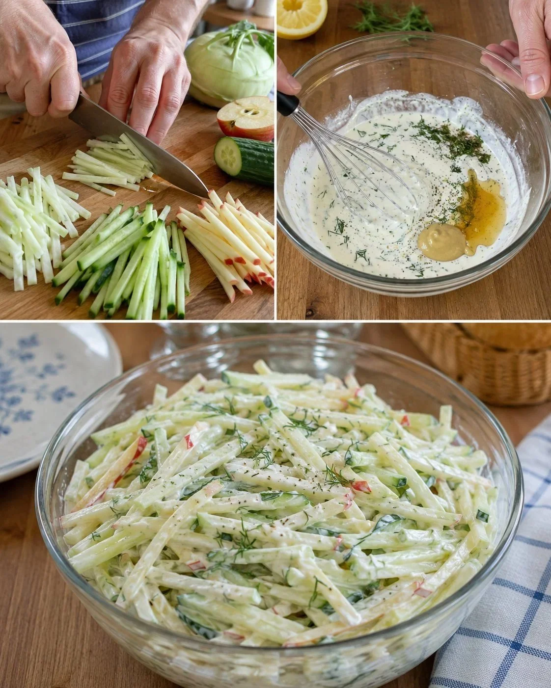 Kohlrabi and apple salad with lemon dill cream dressing in a bowl.