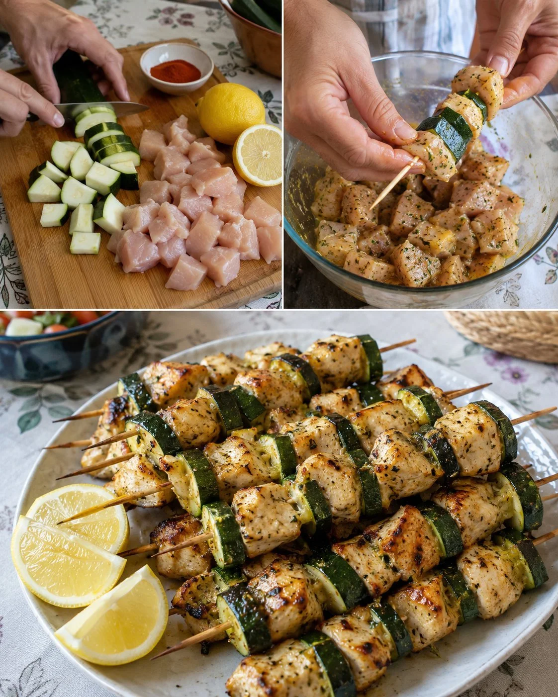 Grilled lemon chicken and zucchini skewers garnished with fresh herbs