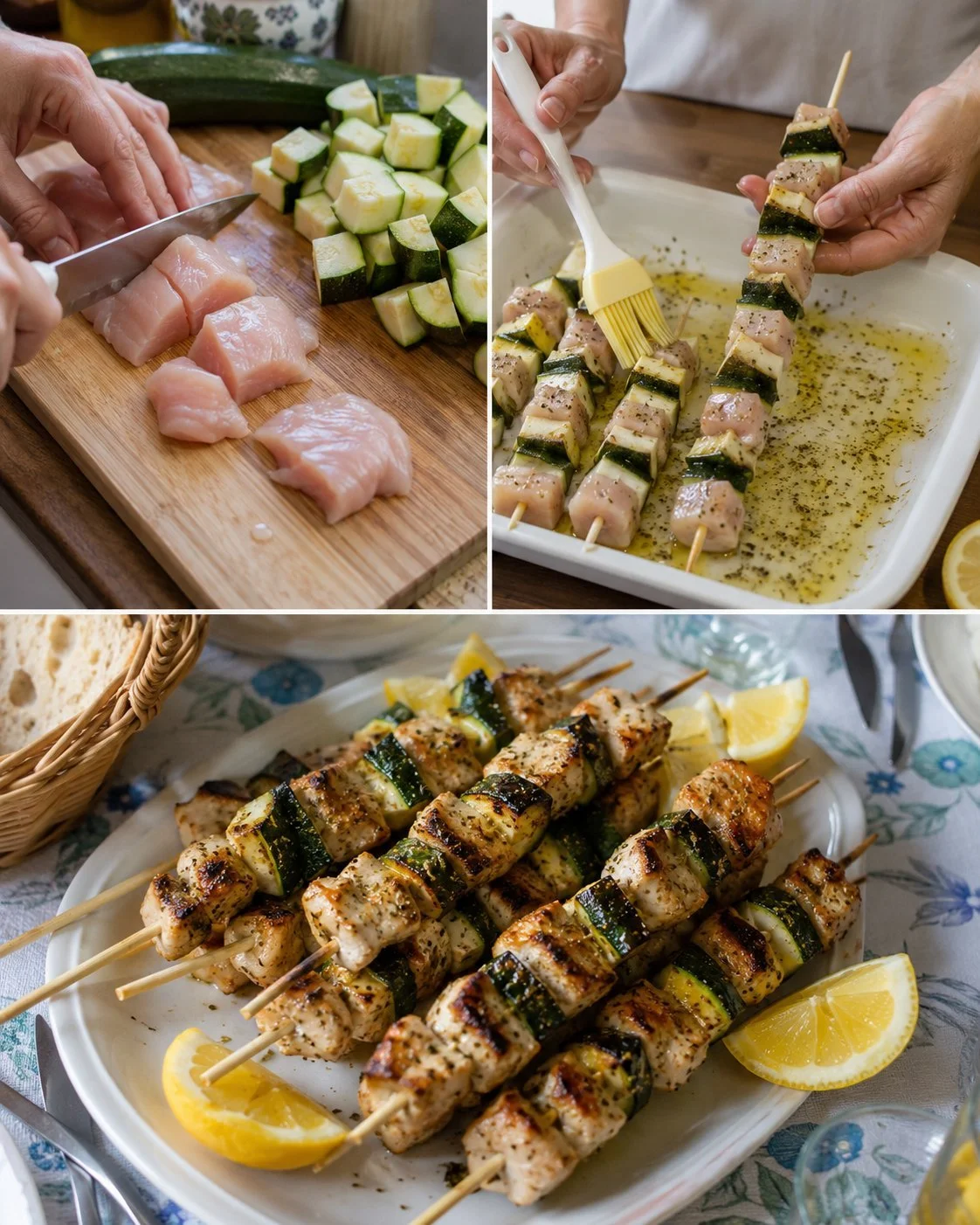 Grilled lemon chicken skewers with zucchini on a plate.