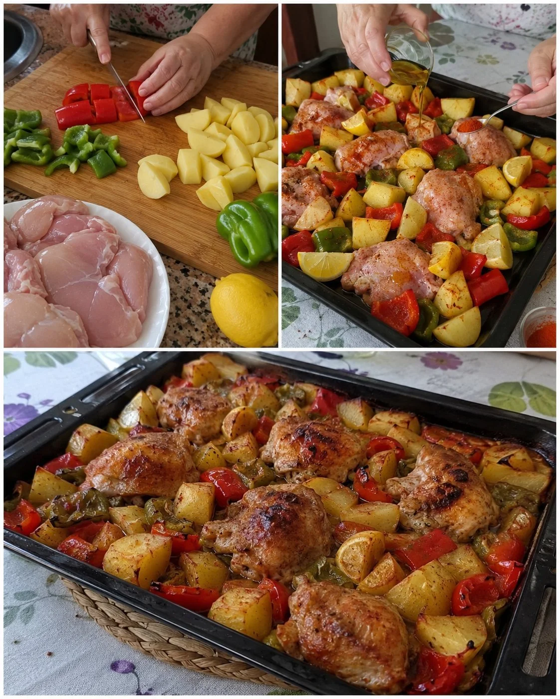Lemon Chicken tray bake with potatoes and peppers ready to serve