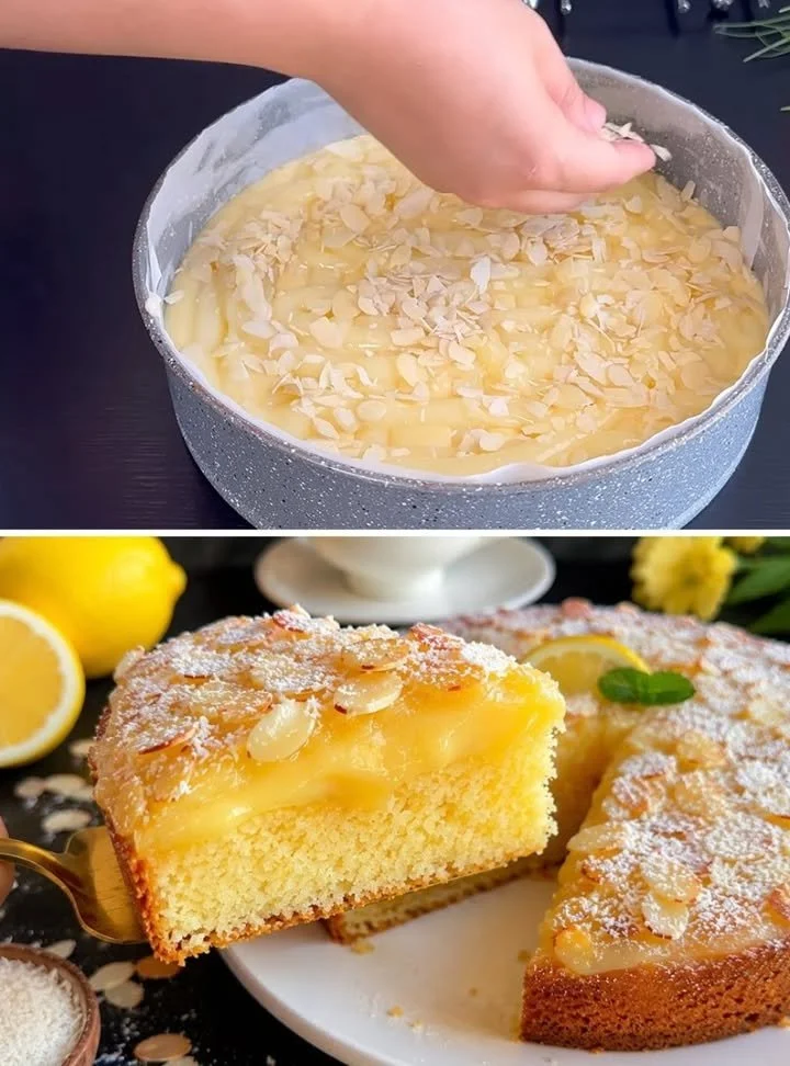 Slice of Lemon Coconut Cake with zesty icing and coconut flakes