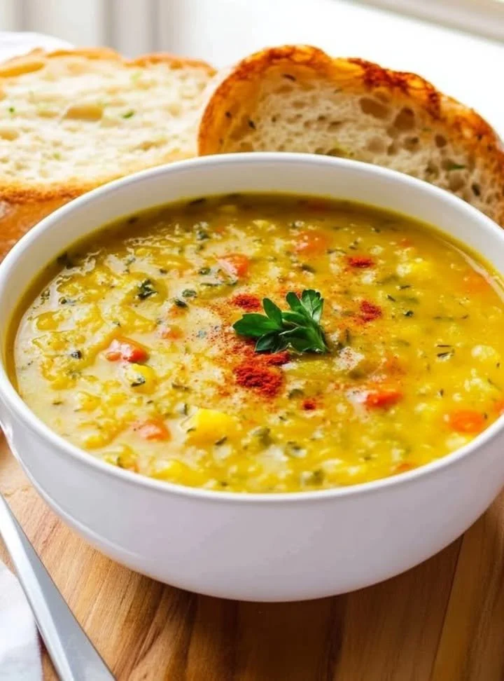 Bowl of lentil potato soup garnished with fresh herbs for a cozy dinner