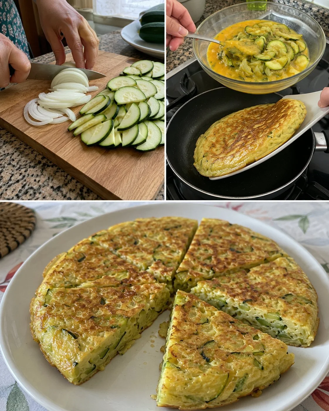 Light zucchini and onion tortilla served on a plate