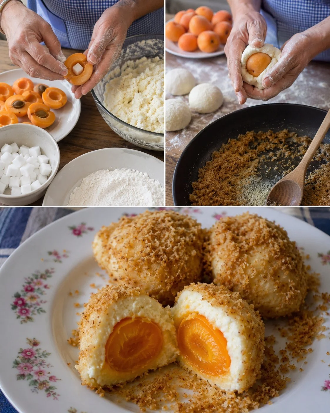 Delicious Marillenknödel, traditional Austrian apricot dumplings served with vanilla sauce.