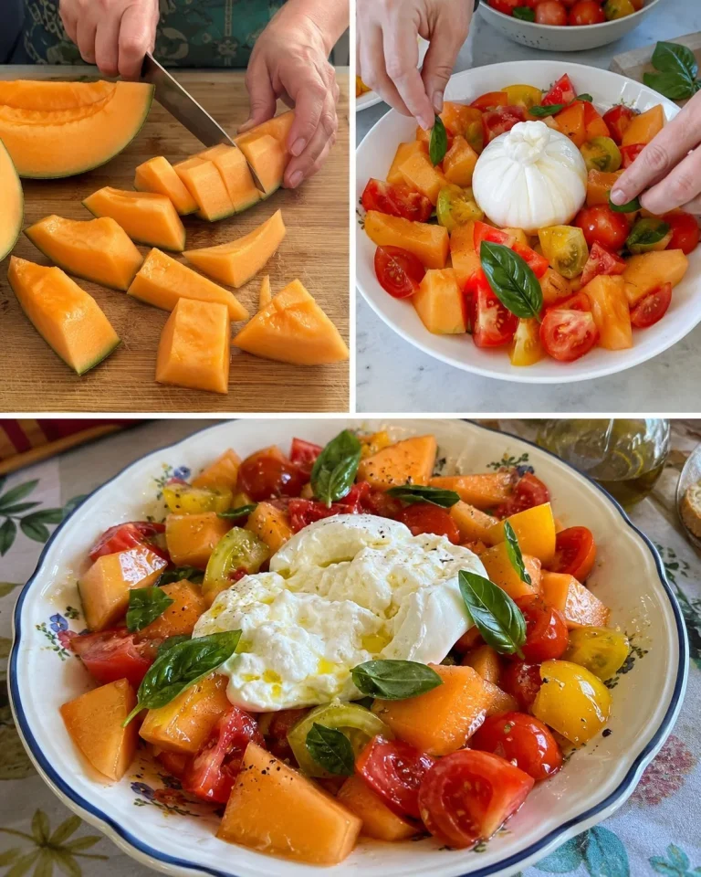 Refreshing melon tomato burrata salad with fresh ingredients and vibrant colors