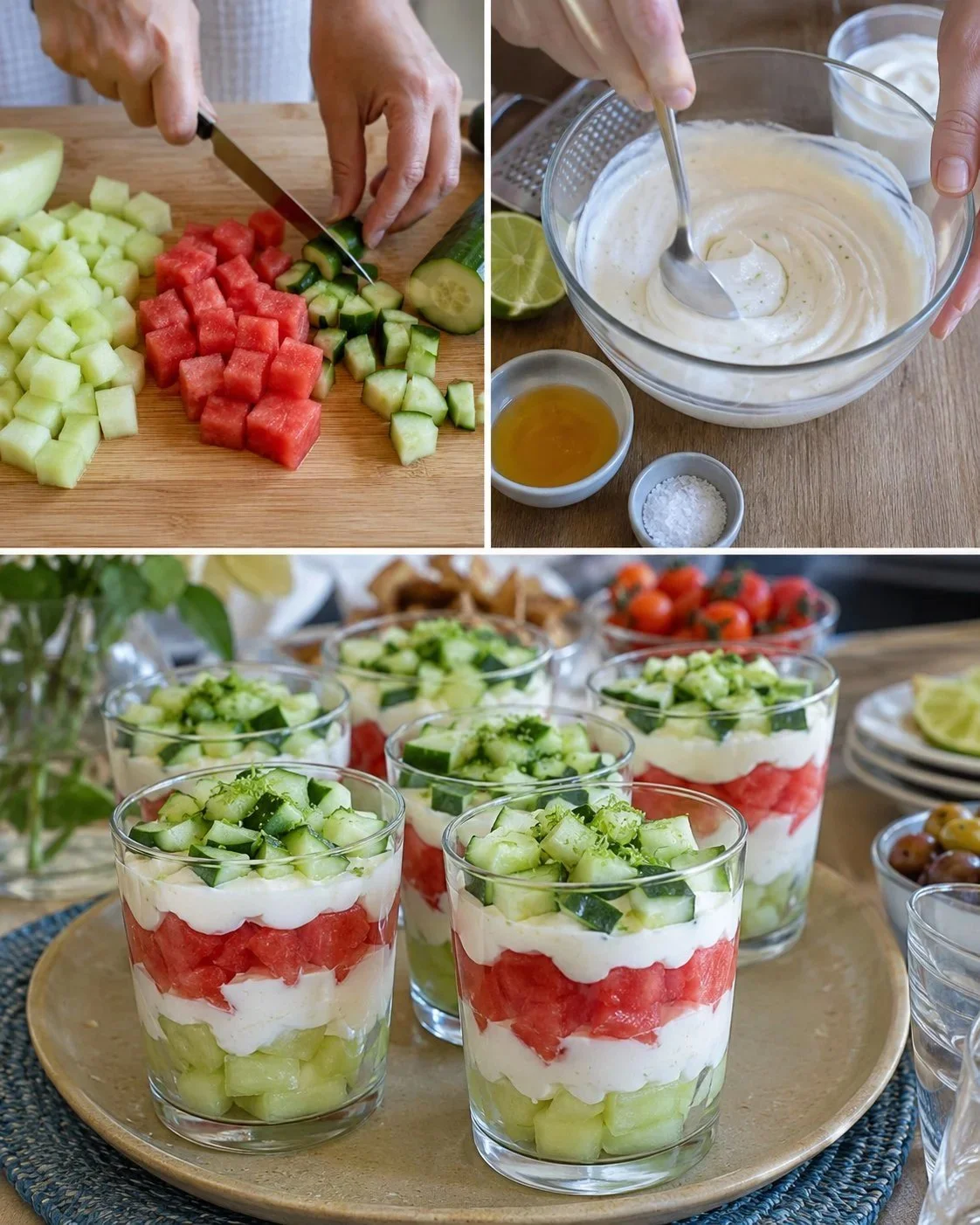 Glasses of melons and cucumbers with lime quark for a refreshing snack