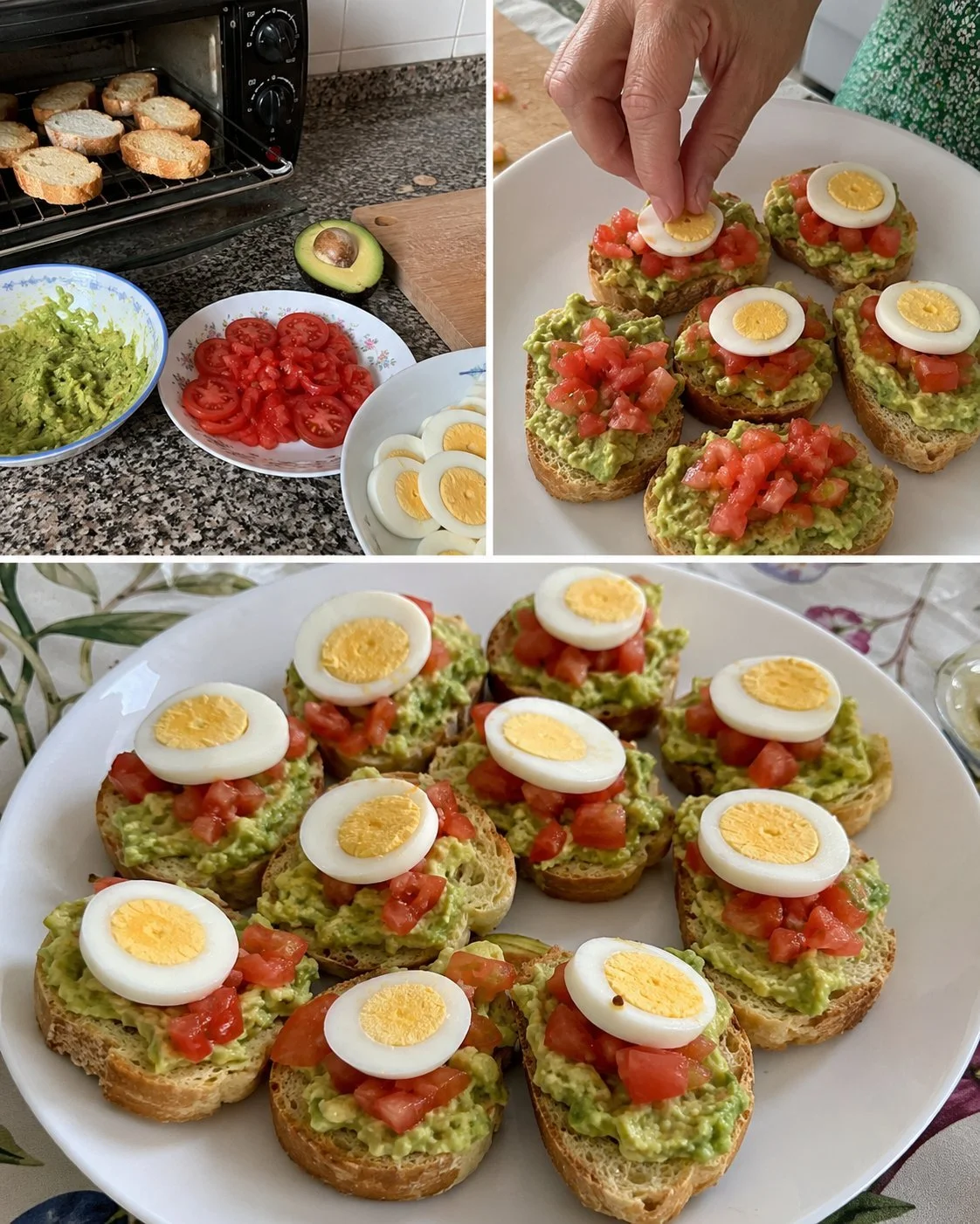Mini avocado toast with tomato and egg on a wooden cutting board