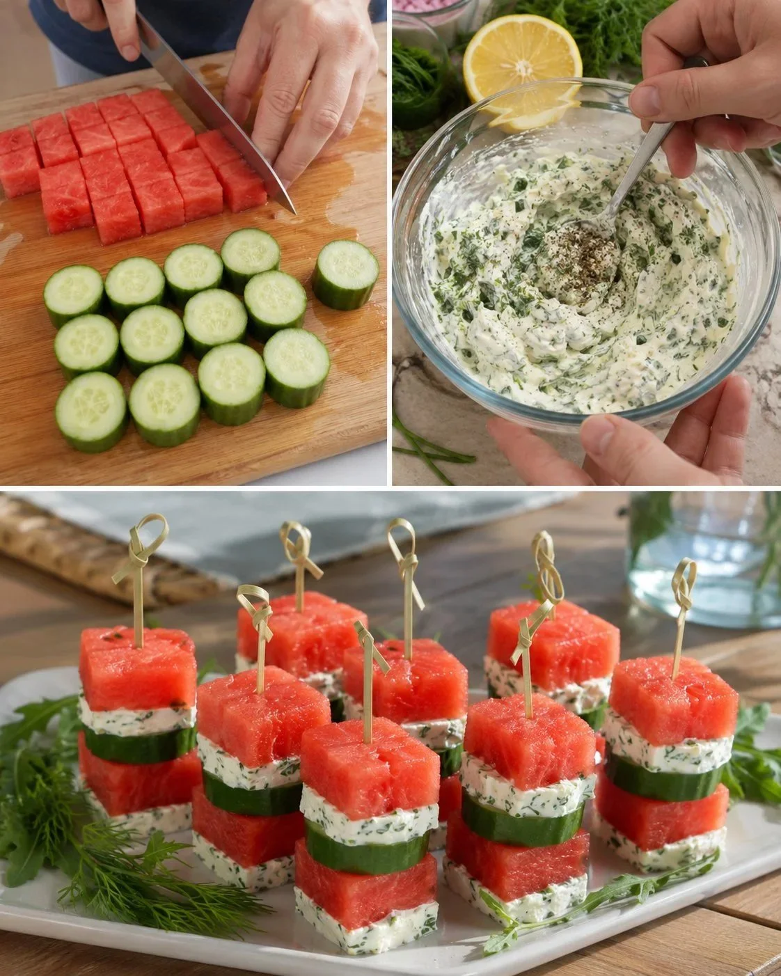 Mini watermelon tower with herbed cream cheese decoration for summer events