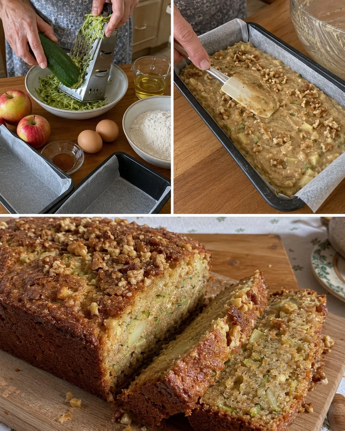 Slice of moist zucchini apple cake topped with icing on a plate
