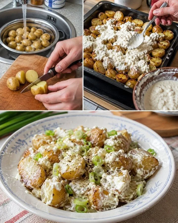 New potatoes baked with Bryndza cheese, served hot and delicious.