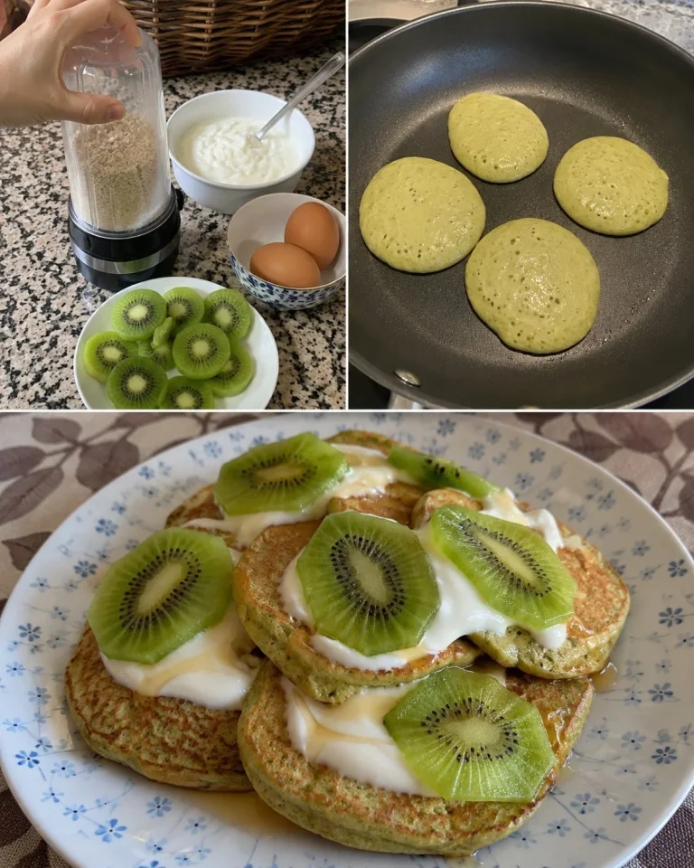 Oat pancakes served with kiwi slices and yogurt on a plate
