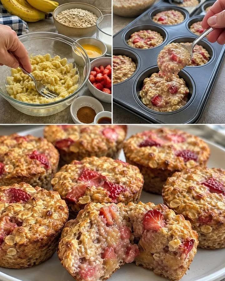 Oven-baked oatmeal muffins with banana bread and strawberry flavor on a wooden table