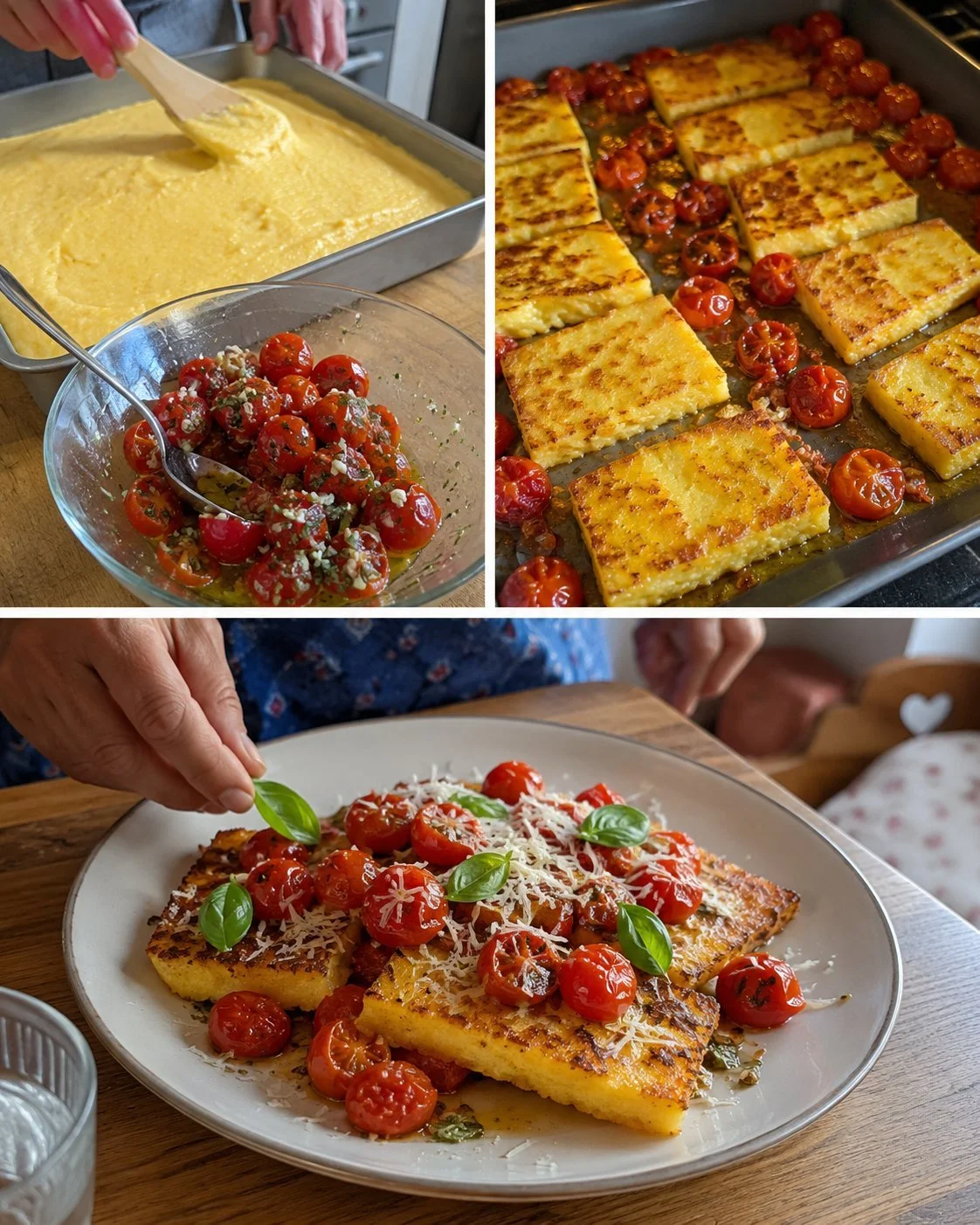 Oven-roasted tomatoes on crispy polenta slices garnished with herbs