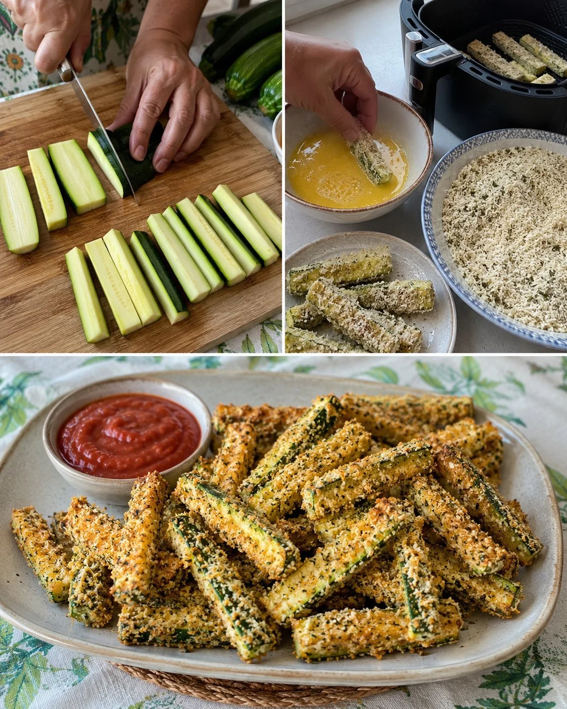 Air fryer Parmesan zucchini sticks served on a plate.