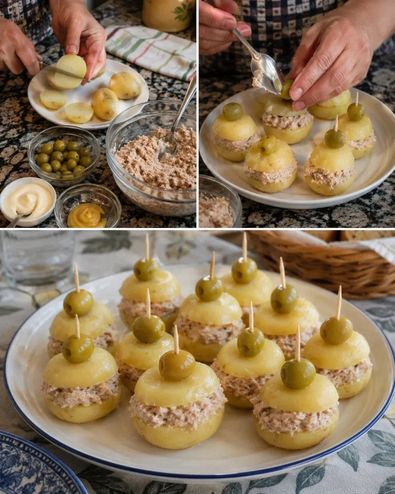 Delicious Potato Tuna Skewers with olives ready to be served.