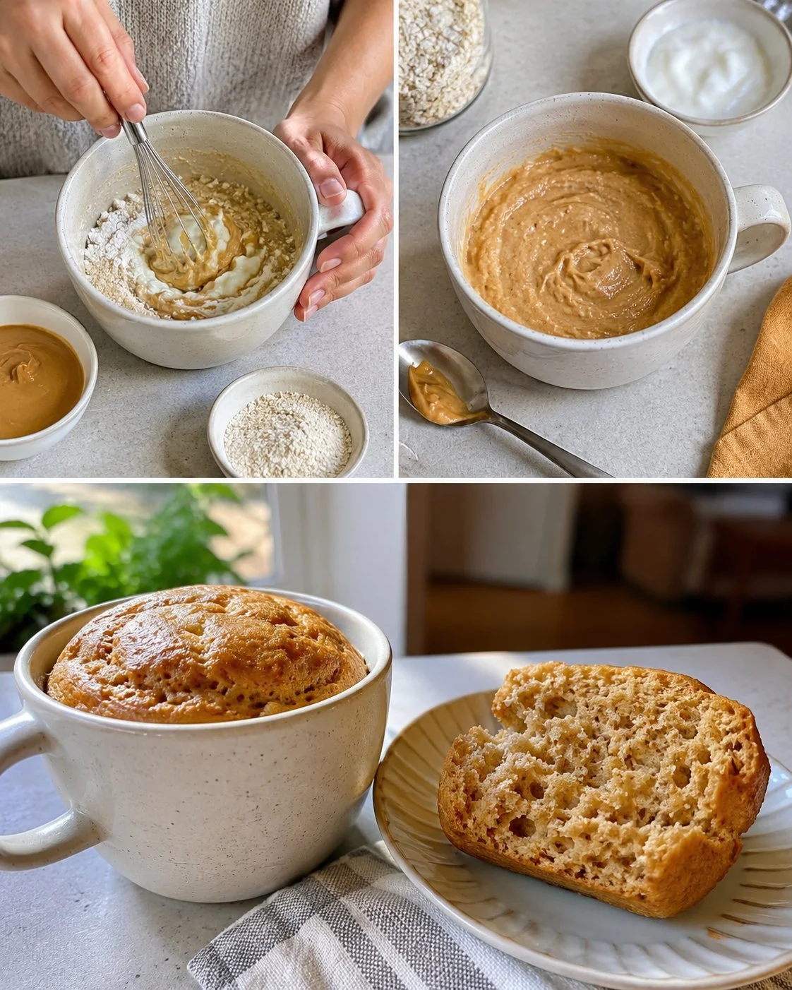 Protein-packed peanut butter mug bread in a ceramic mug