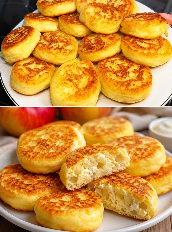 Yeast-free cottage cheese buns with apples on a wooden table