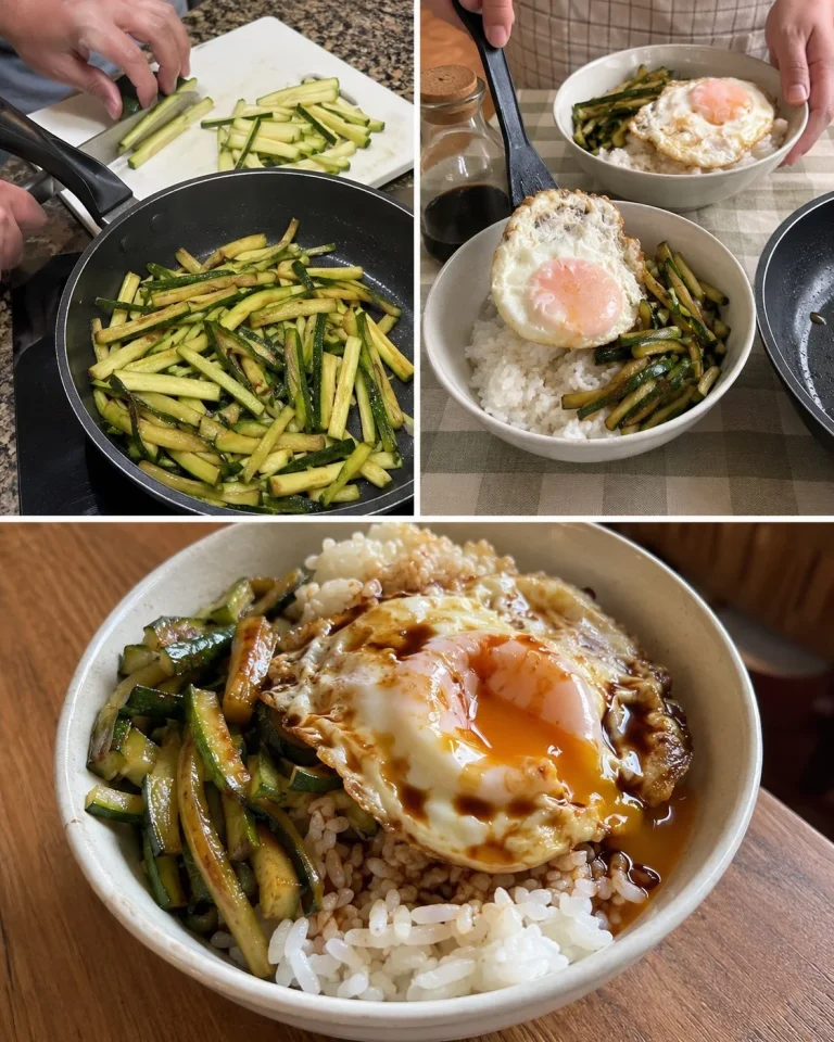 Quick Korean rice dish with egg and zucchini in a bowl.