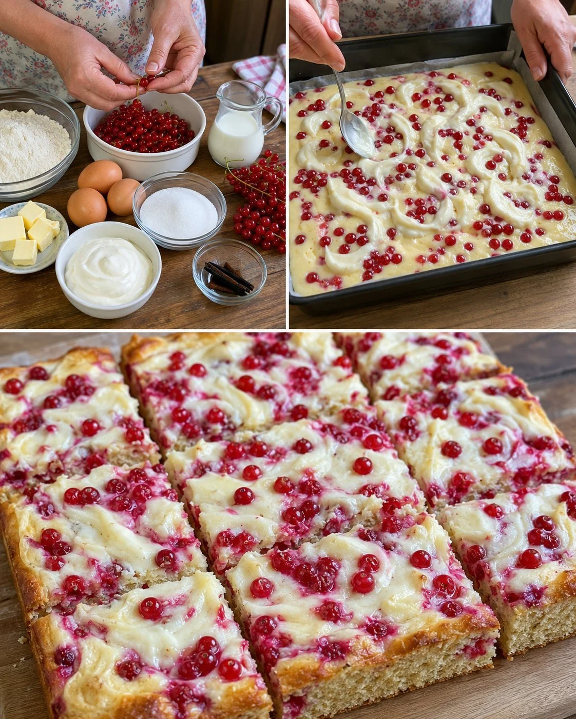 Quick red currant sheet cake topped with fresh currants and powdered sugar.
