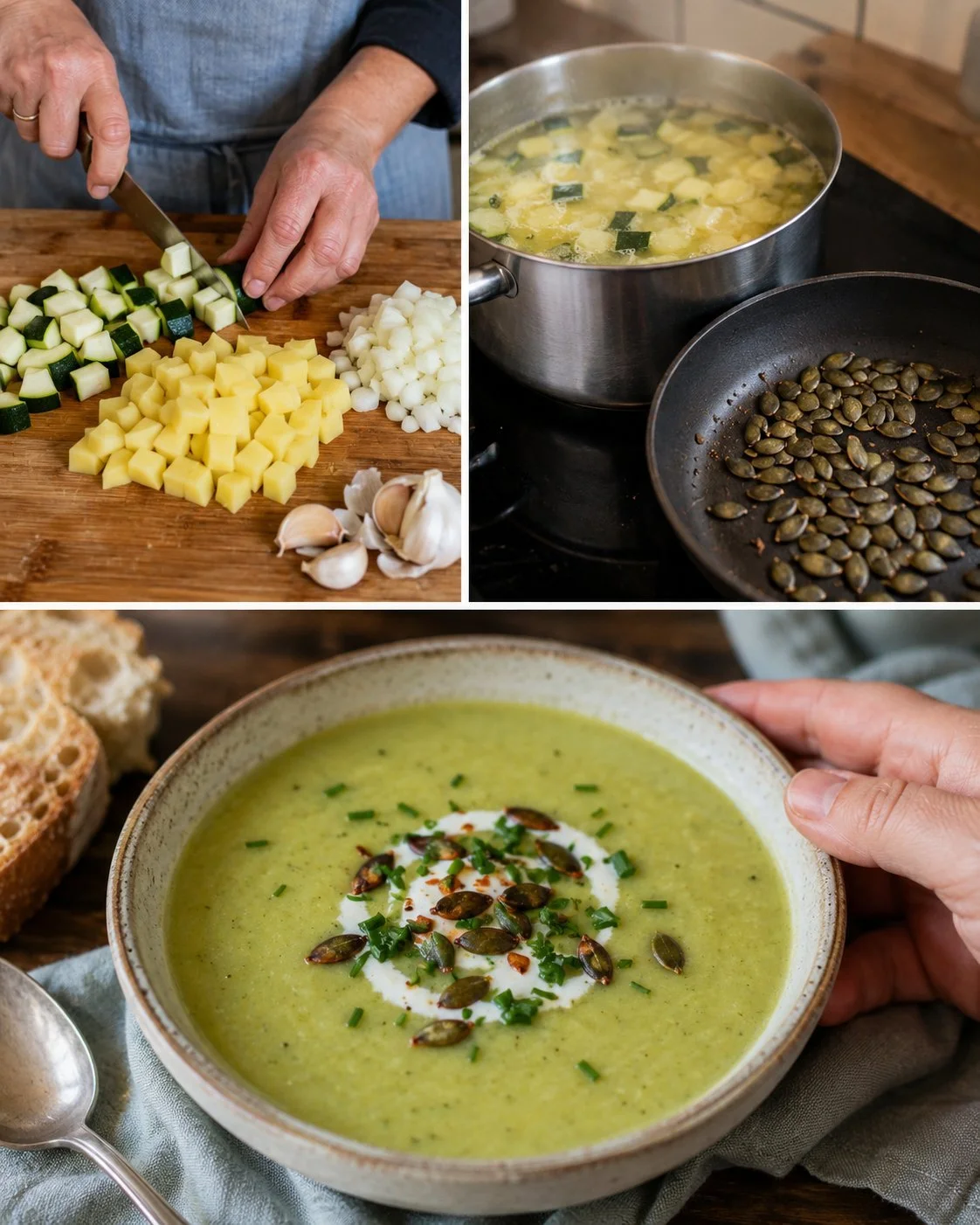 Bowl of quick zucchini and potato soup garnished with herbs