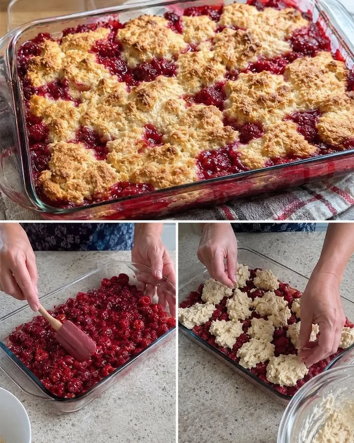 Delicious raspberry and lemon cobbler served in a rustic dish