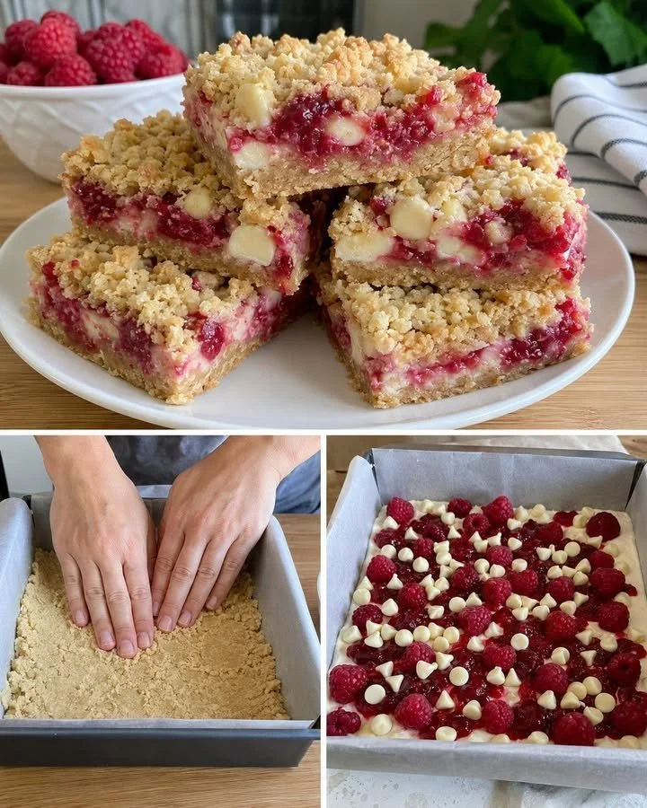 Raspberry White Chocolate Bars with a crunchy crumble topping