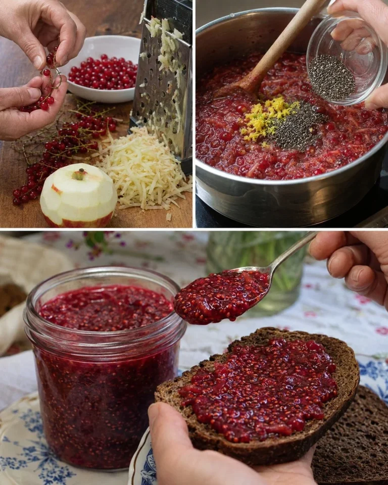 Red currant chia spread jar with toast and berries on a wooden table
