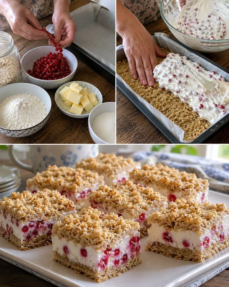 Red Currant Quark Slices topped with fresh red currants and mint leaves