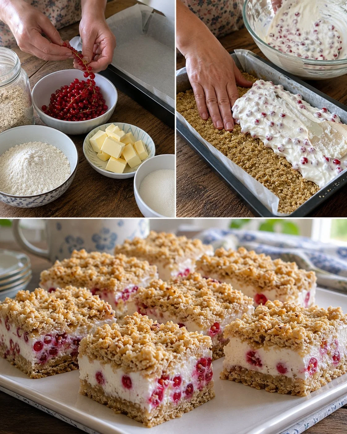 Red Currant Quark Slices topped with fresh red currants and mint leaves