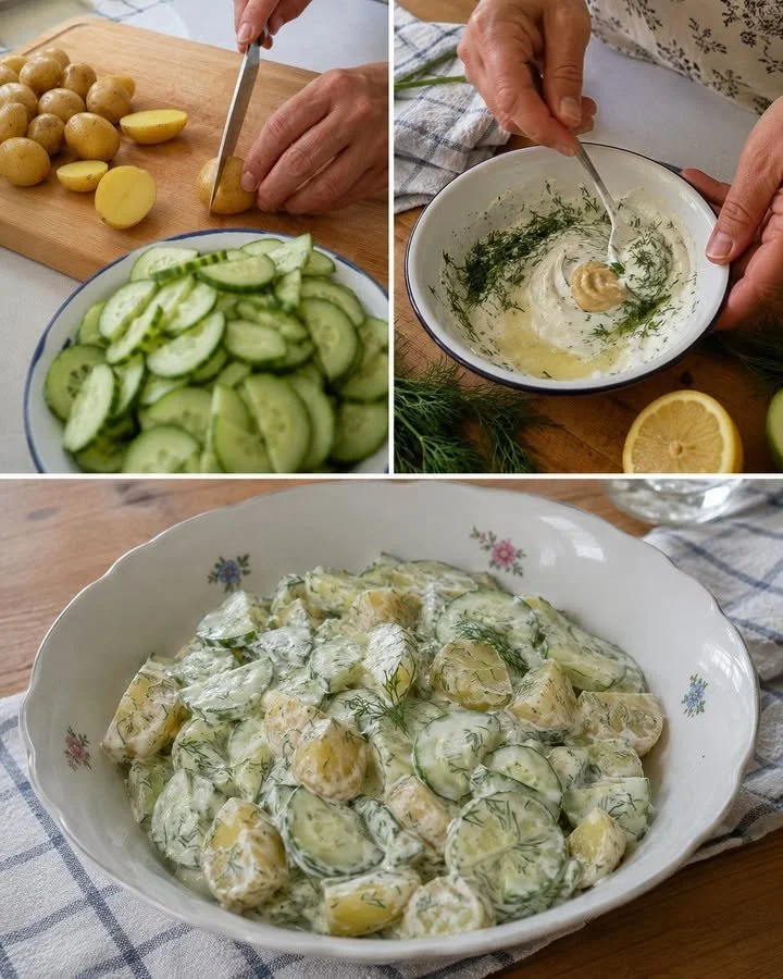 Refreshing cucumber potato salad topped with herbs and spices