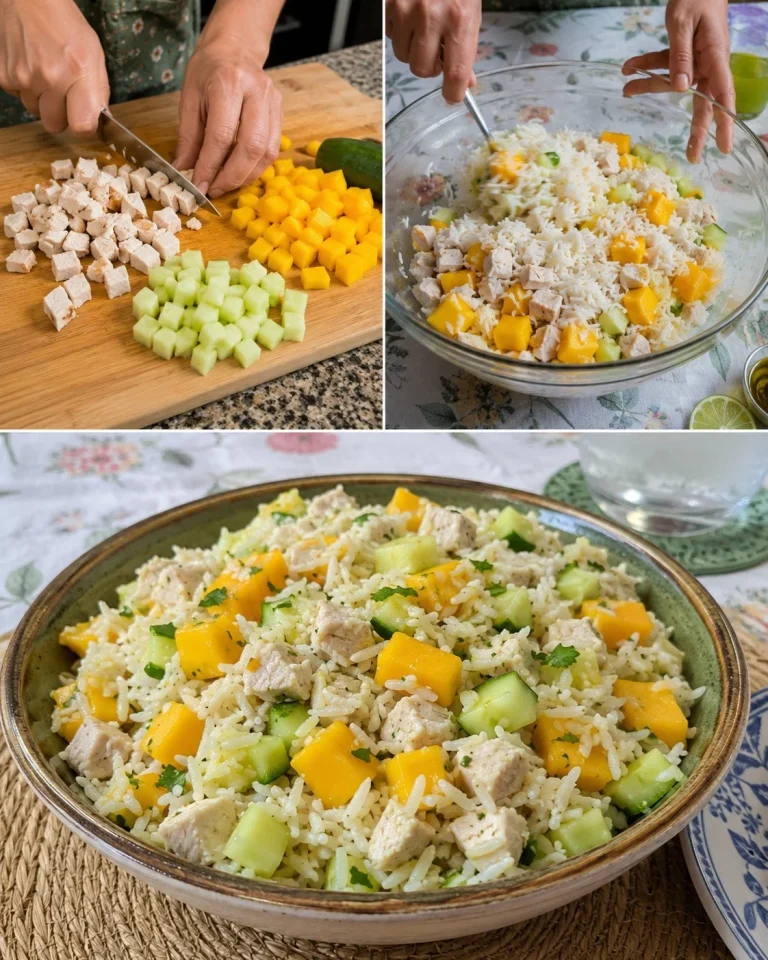 Colorful rice salad with chicken, mango, and cucumber in a bowl.