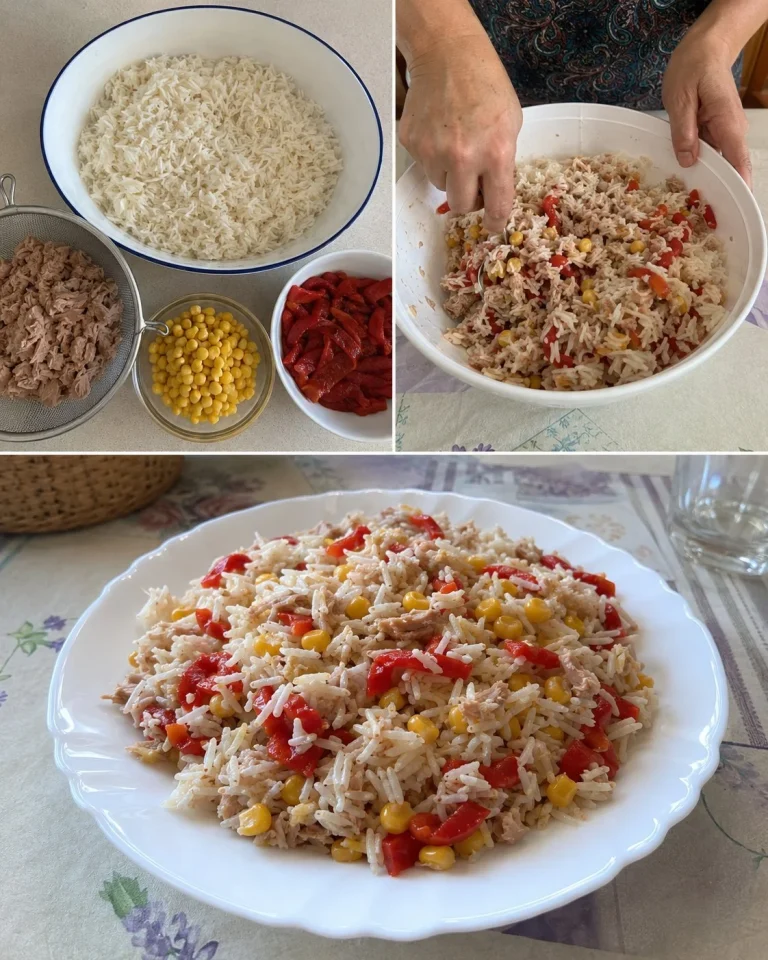 Delicious rice salad with tuna, corn, and roasted peppers served in a bowl