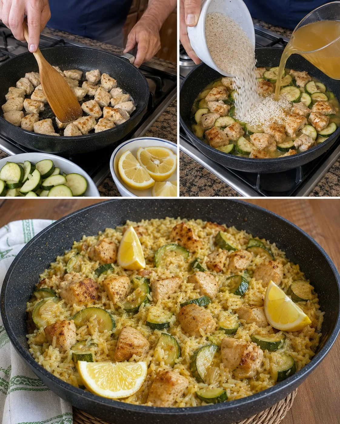 Delicious rice with chicken, zucchini, and lemon on a plate.