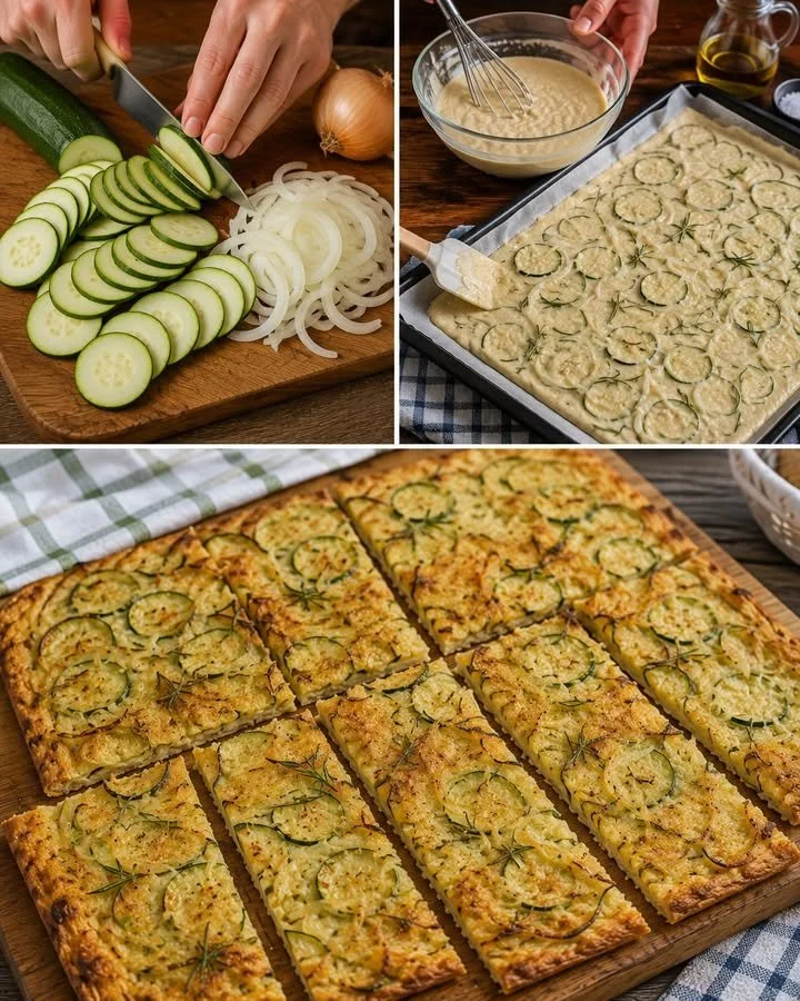 Savory zucchini and onion tart fresh out of the oven, ready to serve.