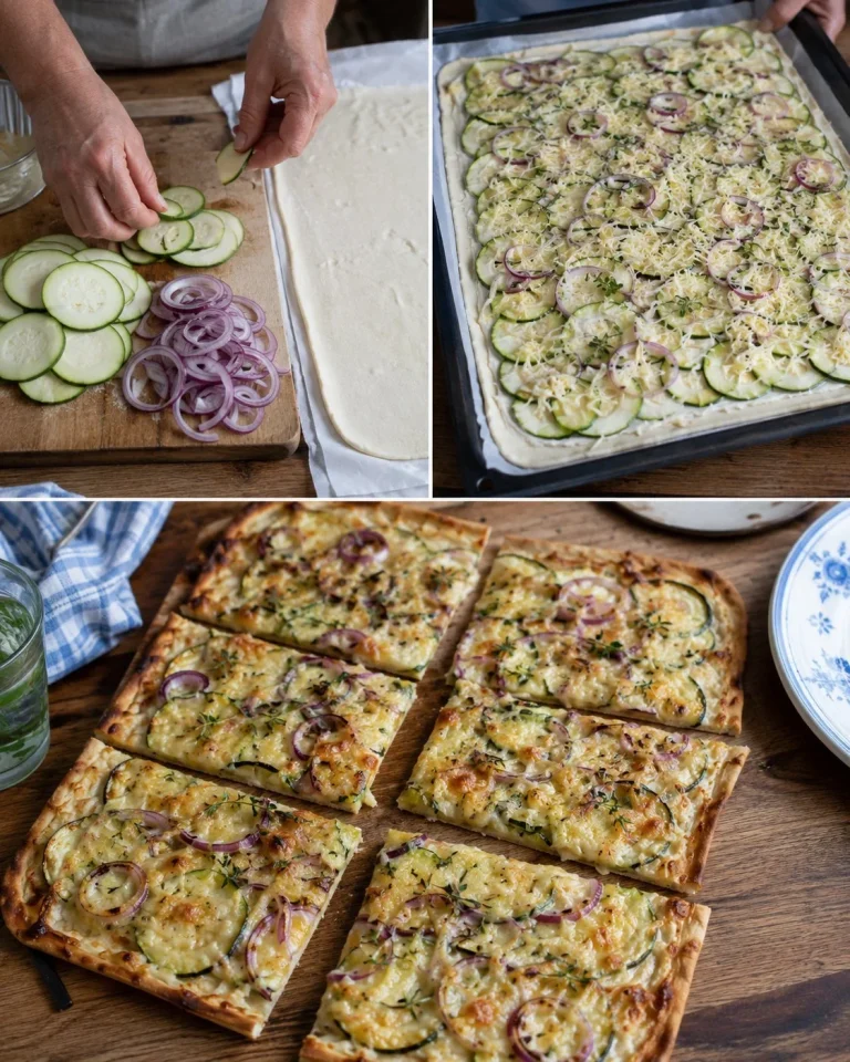 Sheet pan zucchini flammkuchen topped with fresh vegetables and cheese